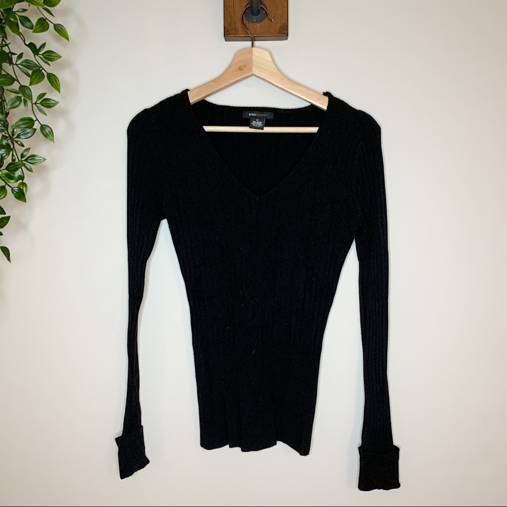 BCBGMaxAzria Long Sleeve V-Neck Top Black Size M